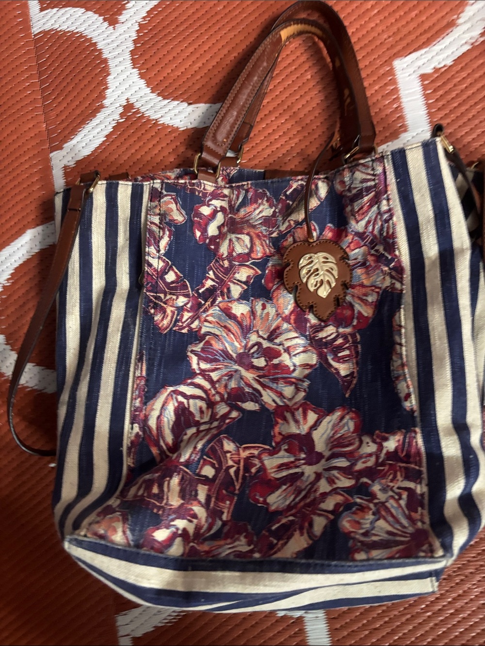 Tommy Bahama Striped Floral Tote Bag with Leather Handles - Navy and Cream